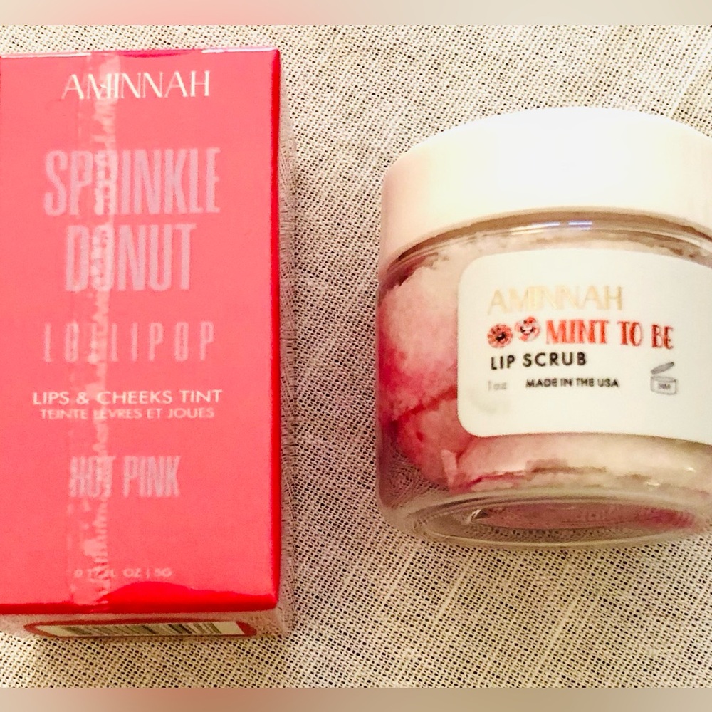 Aminnah Sprinkle Donut Lollipop Lips Cheeks Tint Hot Pink & Mint To Be Lip Scrub